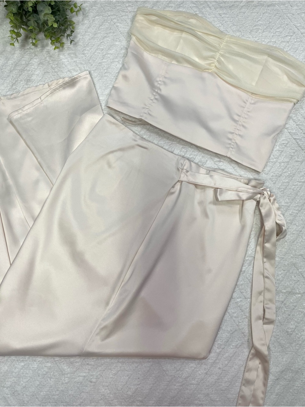 Satin Two-Piece Set Lace-up Crop Top and Skirt Light Champagne Size S